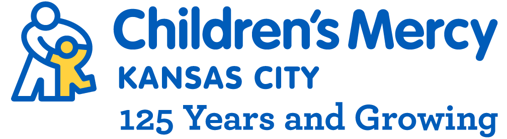 Children's Mercy Kansas City logo. Includes adult with dancing child icon and the words, "125 years and growing."