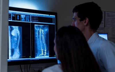 A male and female clinician look at two spinal x-rays.