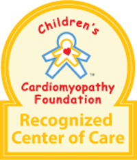 yellow badge with child outline in center. Children's Cardiomyopathy Foundation, Recognized Center of Care.