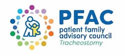 Graphic of four hands reaching for a heart and the words: PFAC patient family advisory council TRACHEOSTOMY