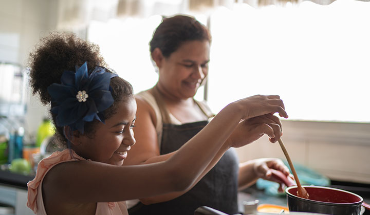 Mom and daughter cooking on stove