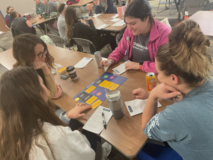 4 people sitting at table playing game